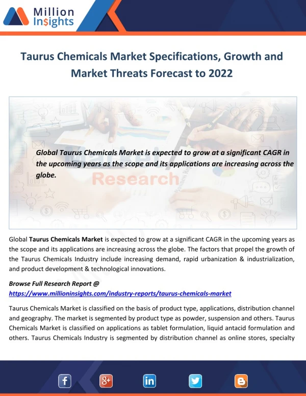 Taurus Chemicals Market Specifications, Growth and Market Threats Forecast to 2022