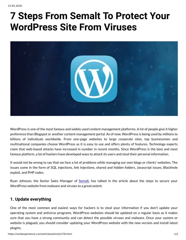 7 Steps From Semalt To Protect Your WordPress Site From Viruses
