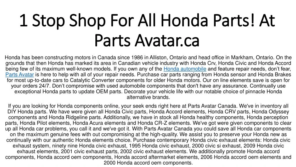 1 stop shop for all honda parts at parts avatar ca