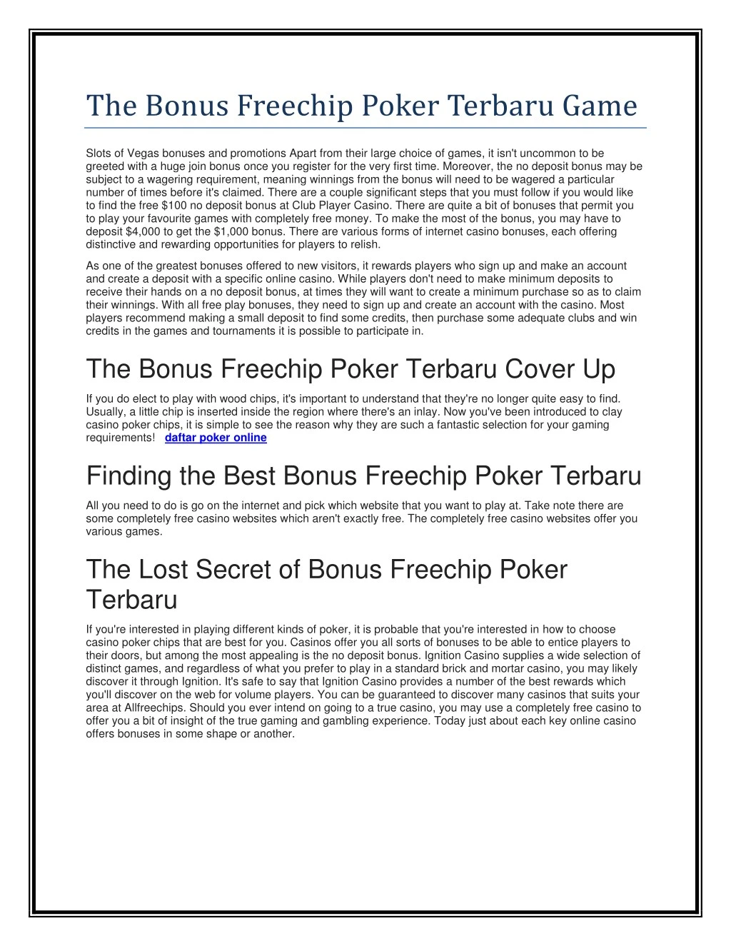 the bonus freechip poker terbaru game