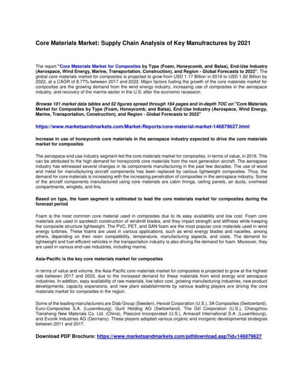 Core Materials Market: Supply Chain Analysis of Key Manufractures by 2021