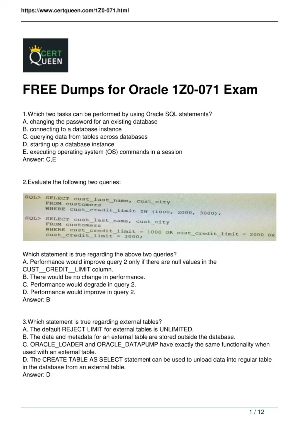 2018 CertQueen Oracle 1Z0-071 Exam Dumps