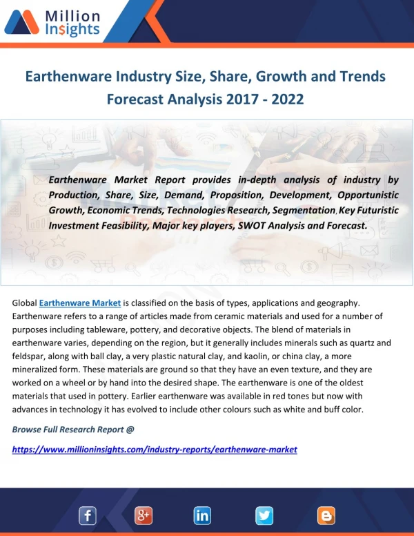 Earthenware Industry Size, Share, Growth and Trends Forecast Analysis 2017 - 2022