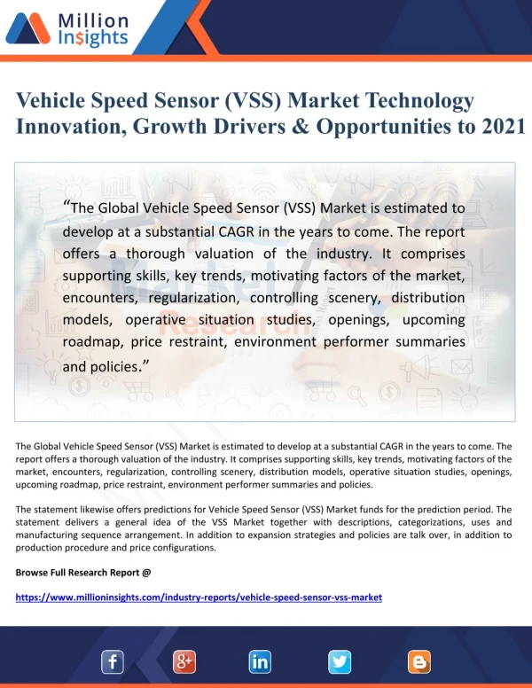 Vehicle Speed Sensor (VSS) Market Technology Innovation, Growth Drivers & Opportinities to 2021