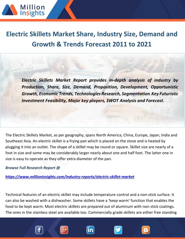 Electric Skillets Market Share, Industry Size, Demand and Growth & Trends Forecast 2011 to 2021