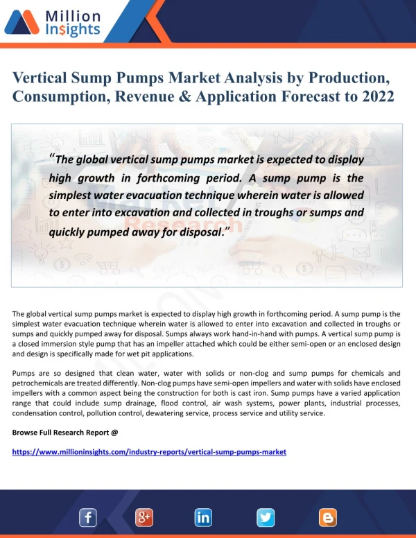 Vertical Sump Pumps Market Analysis by Production, Consumption, Revenue & Application Forecast to 2022