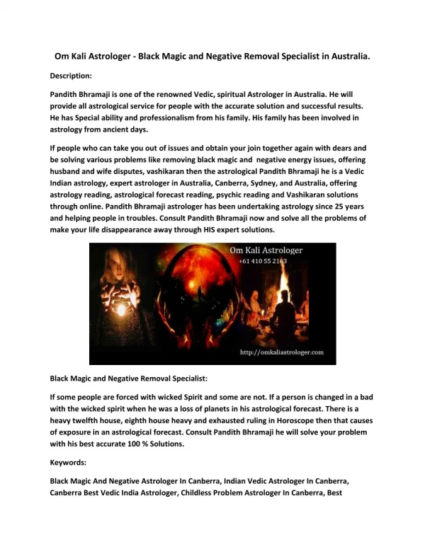 Om Kali Astrologer - Black Magic and Negative Removal Specialist in Australia.