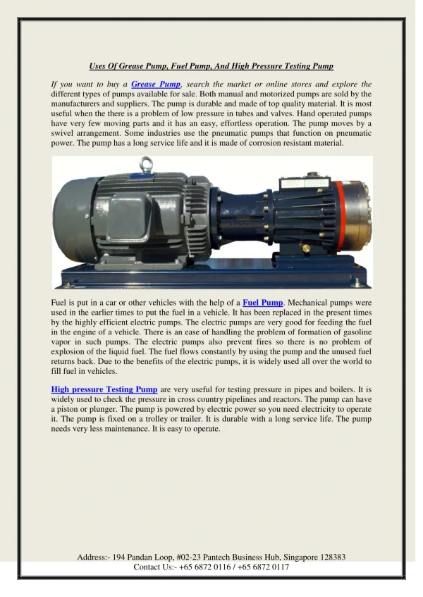 Uses of grease pump, fuel pump, and high pressure testing pump