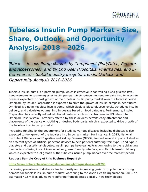 Tubeless Insulin Pump Market Opportunity Analysis 2018-2026
