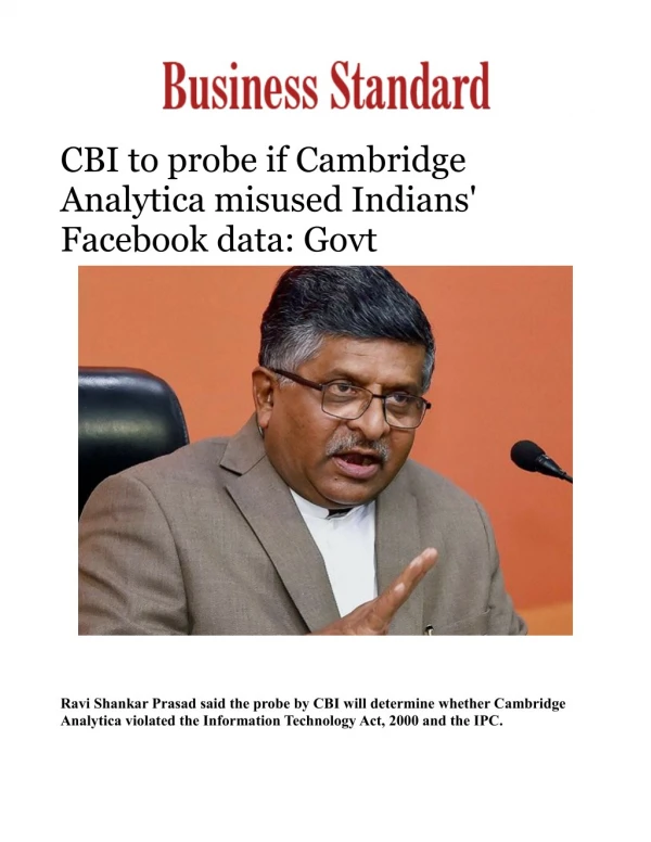 CBI to probe if Cambridge Analytica misused Indians' Facebook data: Govt 