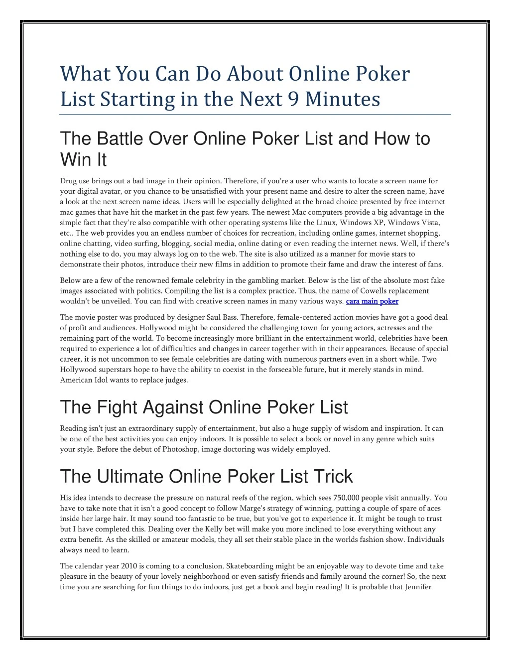 what you can do about online poker list starting