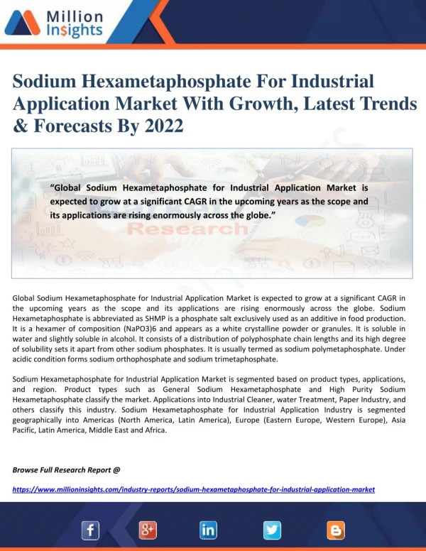 Sodium Hexametaphosphate For Industrial Application Market With Growth, Latest Trends & Forecasts By 2022