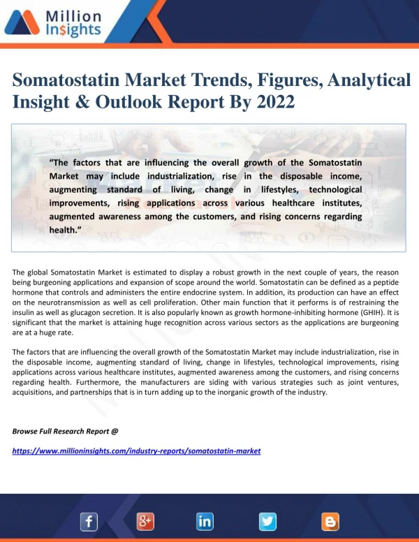 Somatostatin Market Trends, Figures, Analytical Insight & Outlook Report By 2022