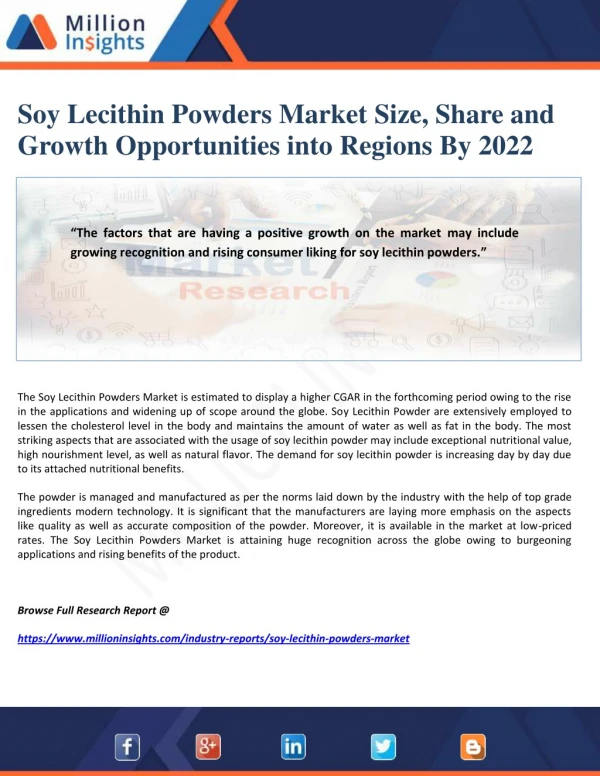 Soy Lecithin Powders Market Size, Share and Growth Opportunities into Regions By 2022