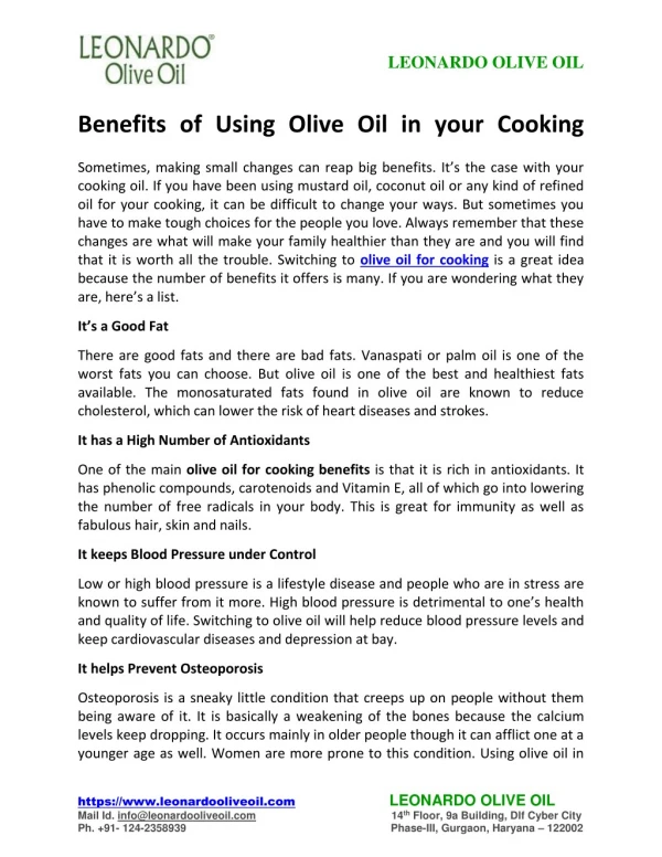 Benefits of Using Olive Oil in your Cooking