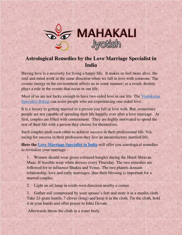 Astrological Remedies by the Love Marriage Specialist in India