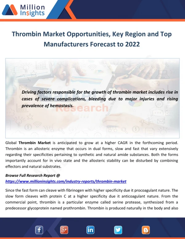 Thrombin Market Opportunities, Key Region and Top Manufacturers Forecast to 2022