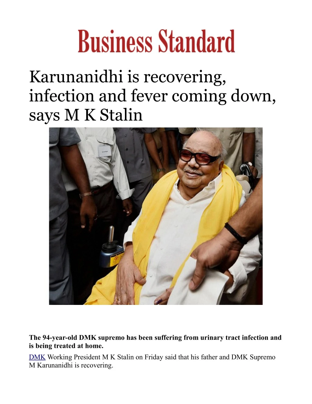 karunanidhi is recovering infection and fever