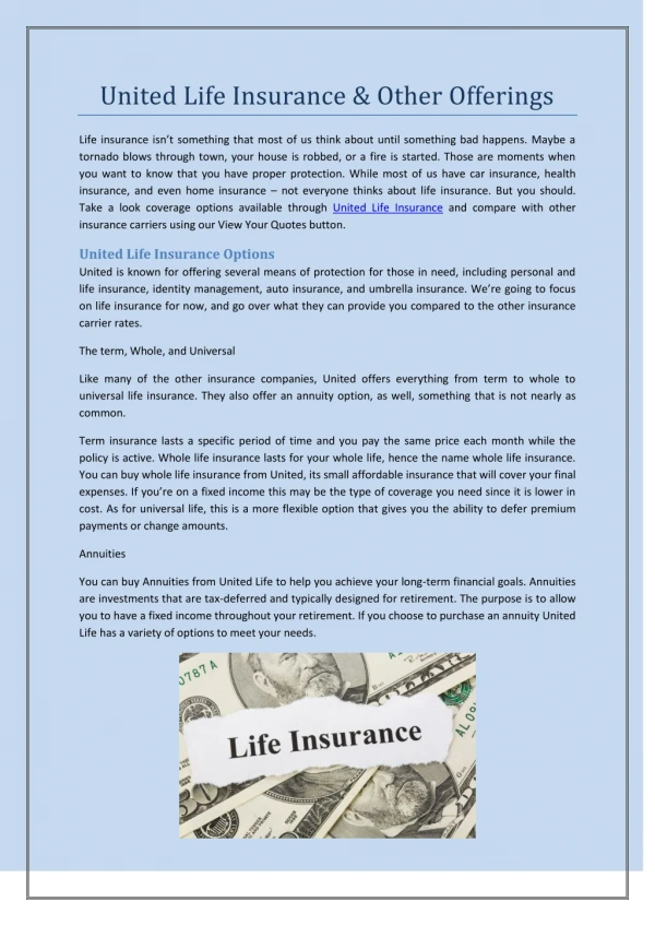 United Life Insurance & Other Offerings
