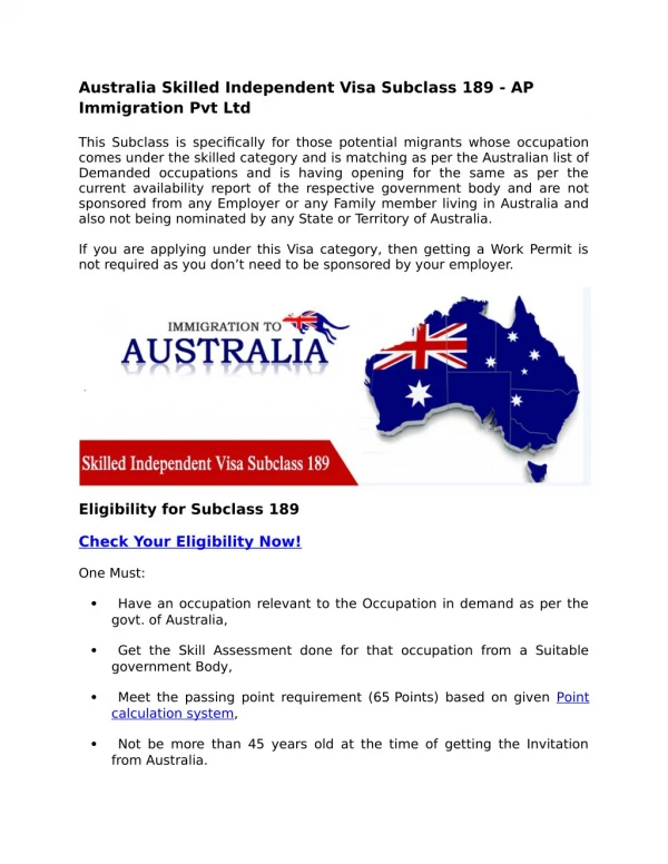 Australia Skilled Independent Visa Subclass 189-AP Immigration Pvt Ltd