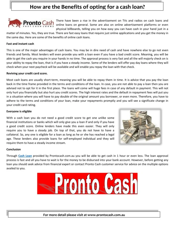 Pronto Cash offer some of the pros and cons of online loans