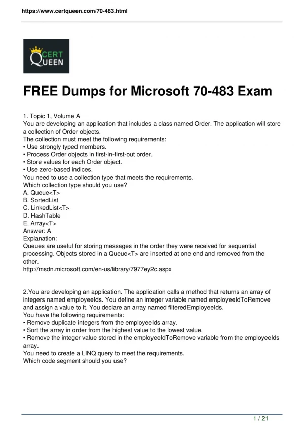 2018 CertQueen Microsoft 70-483 Dumps PDF