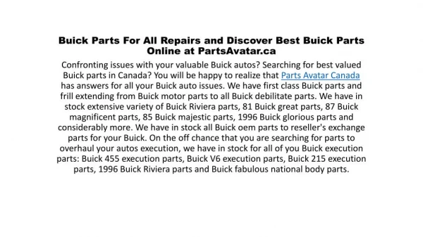 Buick Parts For All Repairs and Discover Best Buick Parts Online at PartsAvatar.ca