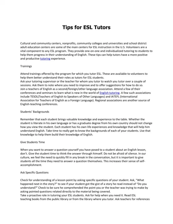 Tips for ESL Tutors