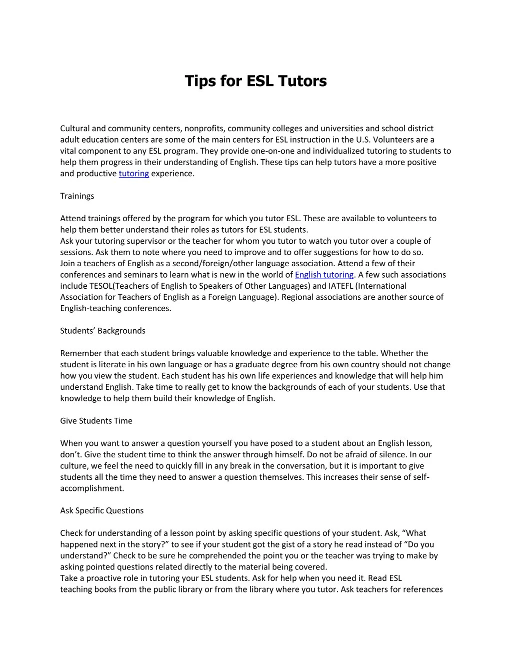 tips for esl tutors