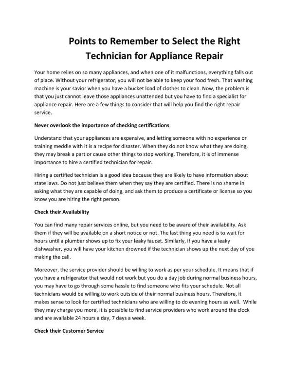 Points to Remember to Select the Right Technician for Appliance Repair