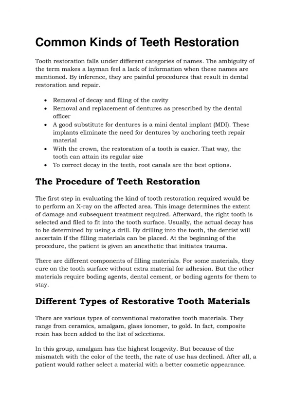 Common Kinds of Teeth Restoration