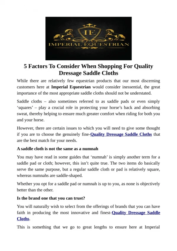 5 Factors To Consider When Shopping For Quality Dressage Saddle Cloths