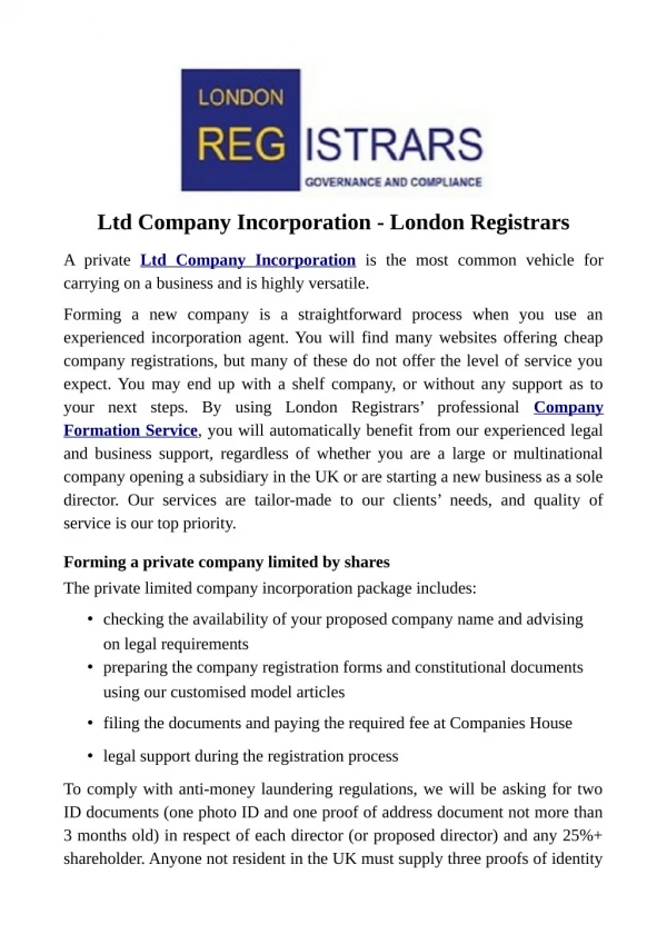 Ltd Company Incorporation - London Registrars