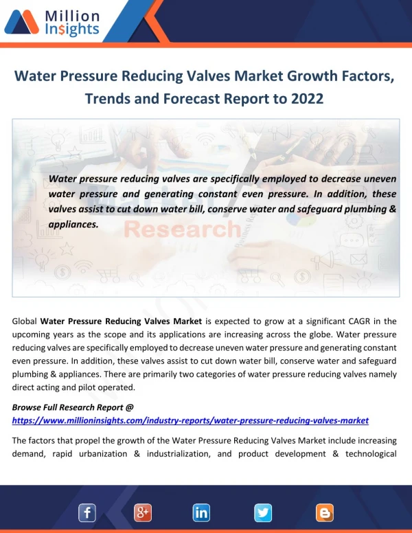 Water Pressure Reducing Valves Market Outlook, End Users Analysis and Share by Type to 2022