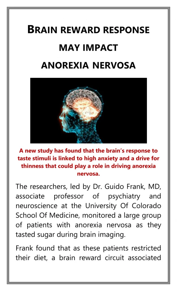 Brain reward response may impact anorexia nervosa