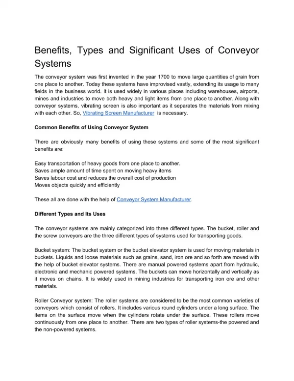 Benefits, Types and Significant Uses of Conveyor Systems