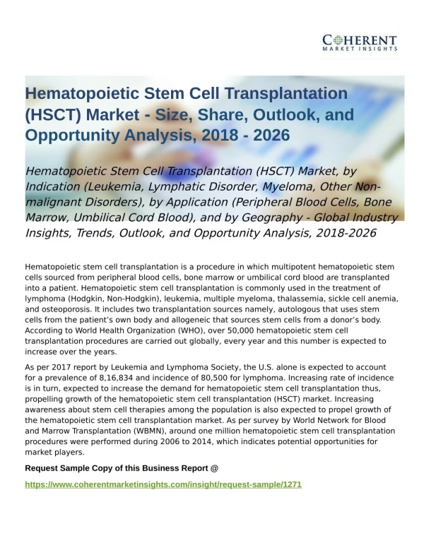 Hematopoietic Stem Cell Transplantation (HSCT) Market - Opportunity Analysis, 2018-2026