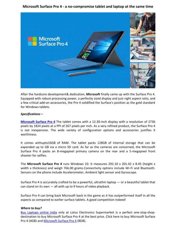 Microsoft Surface Pro 4 Core i5 6th Gen - Lotus electronics