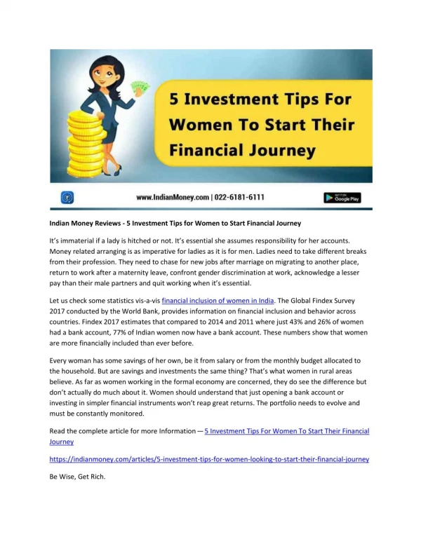 Indian Money Reviews - 5 Investment Tips for Women to Start Financial Journey