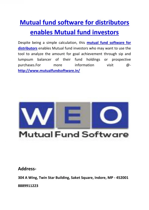 Mutual fund software for distributors enables Mutual fund investors