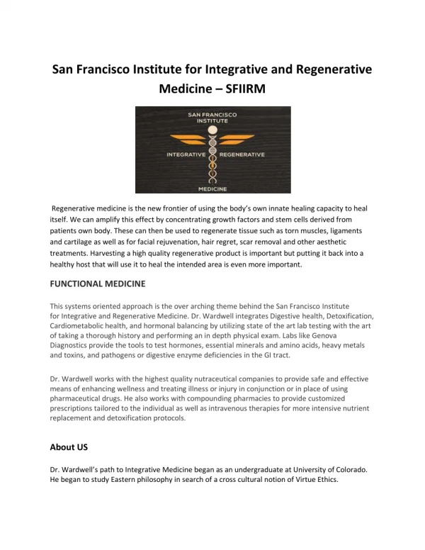 Integrative and Regenerative Medicine Institute in san fan Franciso â€“ SFIIRM