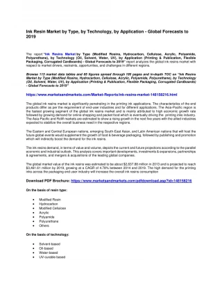 Ink Resin Market by Type, by Technology, by Application - Global Forecasts to 2019 - slide 1