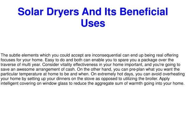Solar Dryers And Its Beneficial Uses