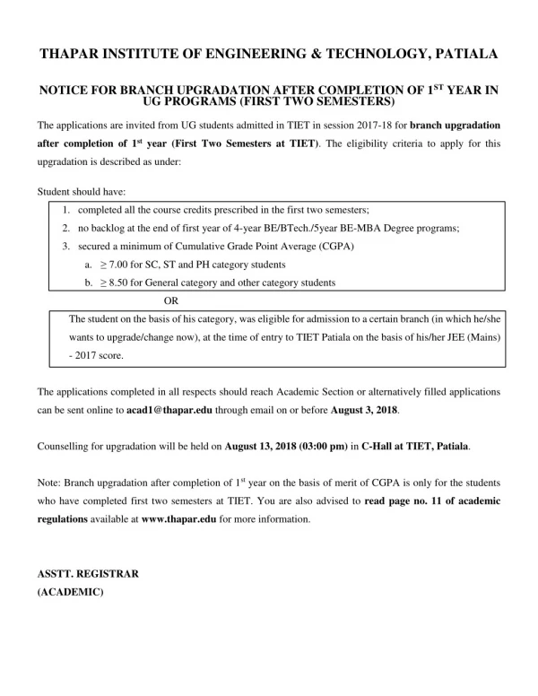 Notice for branch upgradation after completion of 1st year in ug programs (first two semesters)