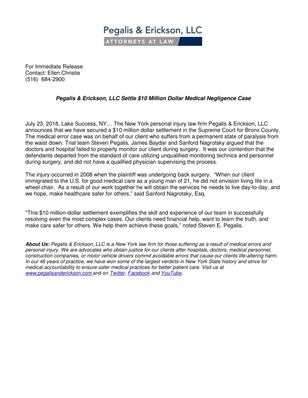 Pegalis & Erickson, LLC Settle $10 Million Dollar Medical Negligence Case