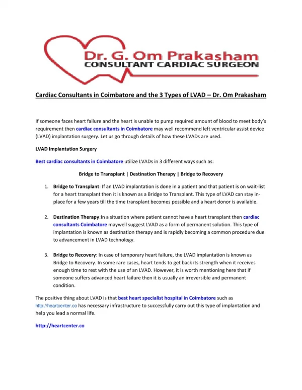 Cardiac Consultants in Coimbatore and the 3 Types of LVAD – Dr. Om Prakasham