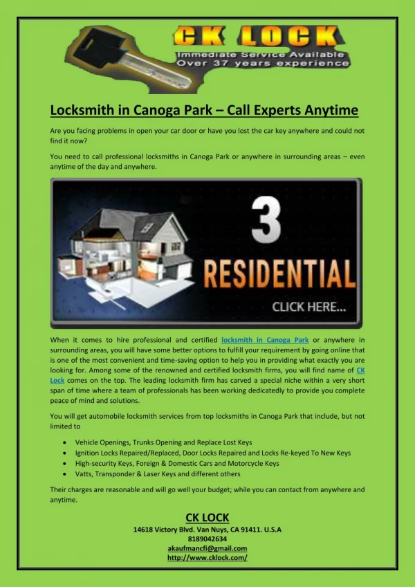 CK LockLocksmith in Canoga Park – Call Experts Anytime