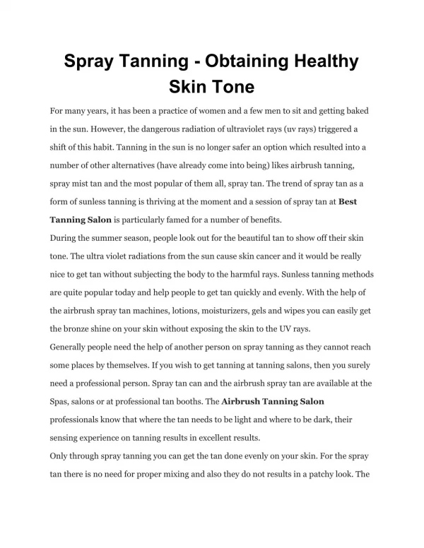 Spray Tanning- Obtaining Healthy Skin Tone