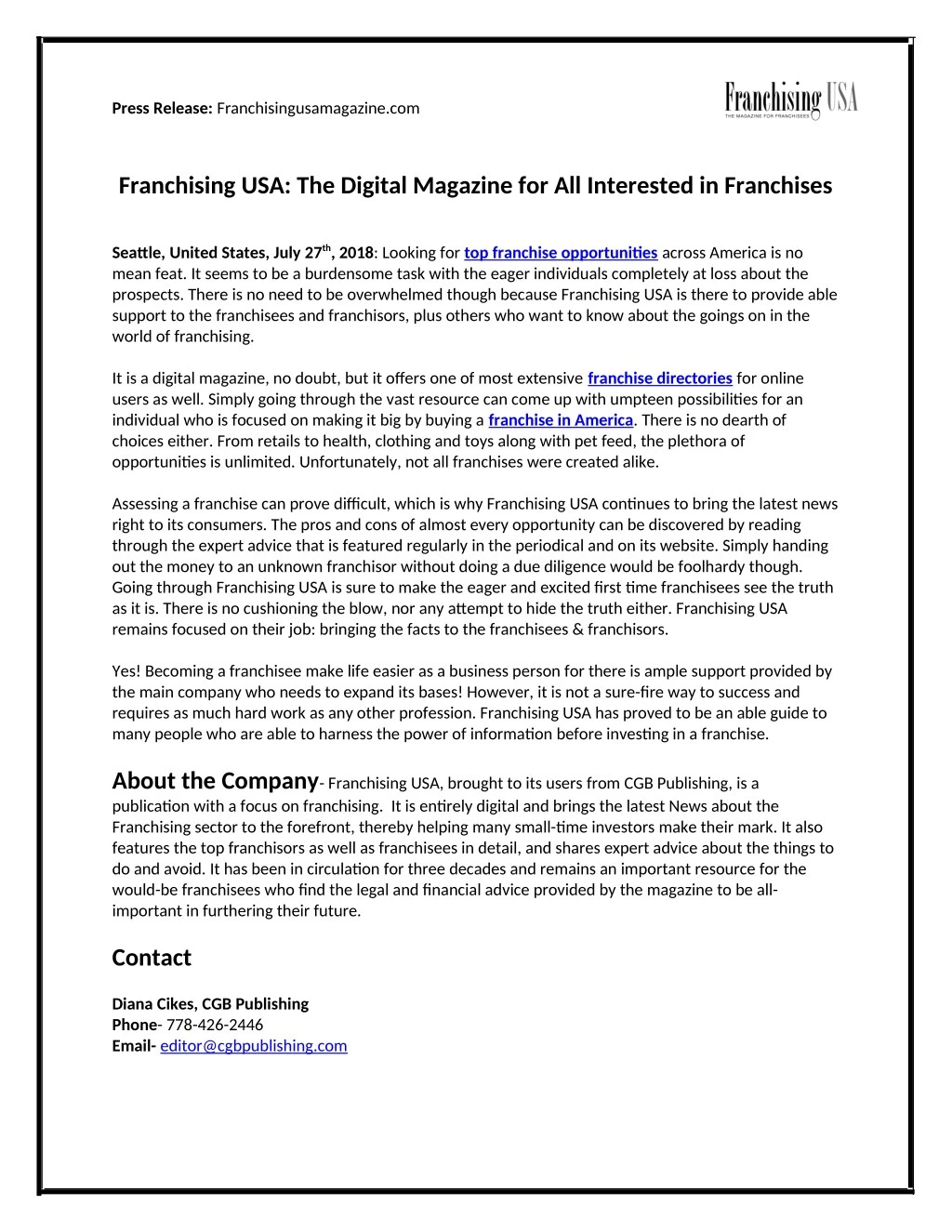 press release franchisingusamagazine com