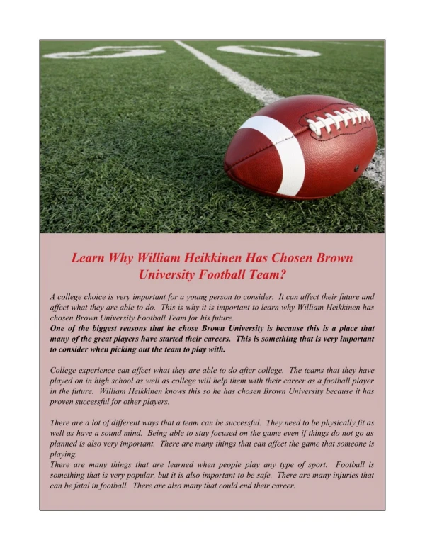 Learn Why William Heikkinen Has Chosen Brown University Football Team?
